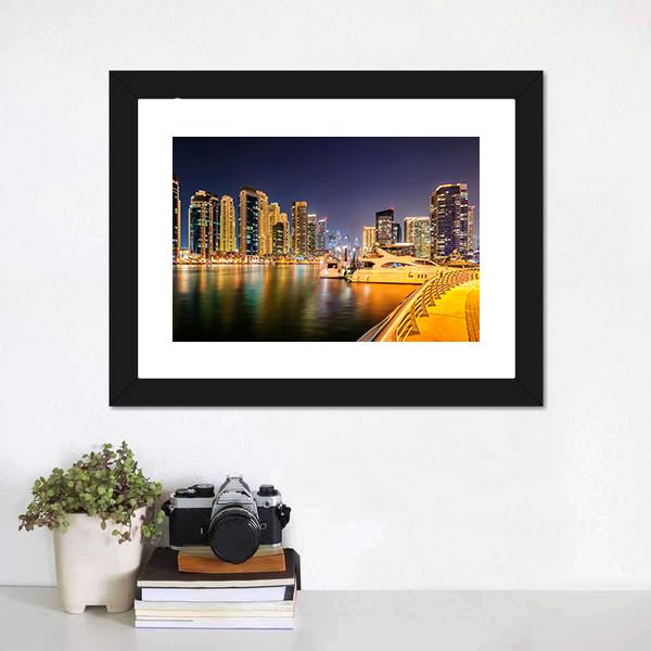 Dubai Night Skyline Harbor Reflections Canvas Wall Art