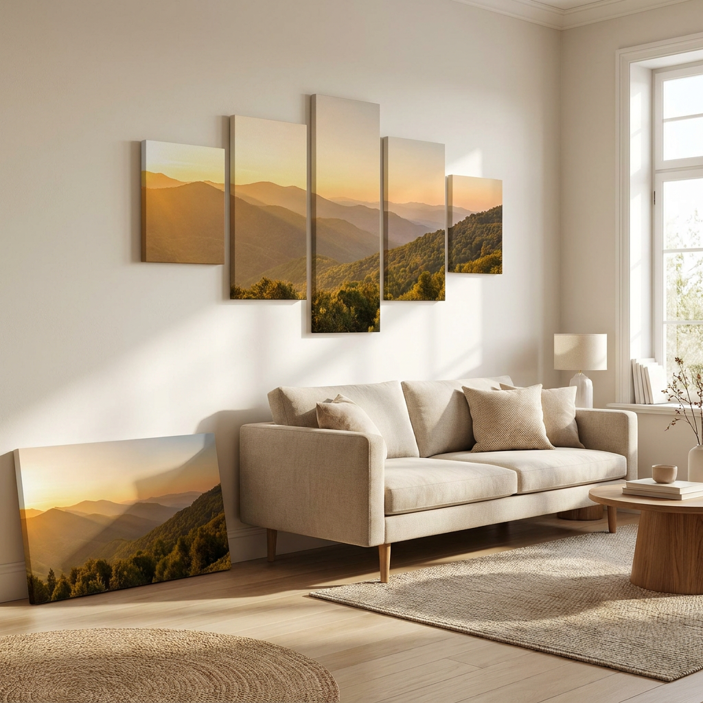Custom canvas art prints in any layout: one landscape flowing across a five panel arrangement and a single panel canvas