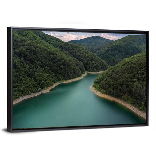Drone View of Turquoise Mountain Lake Canvas Wall Art