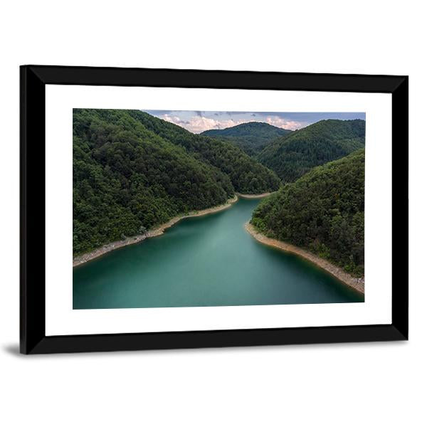 Drone View of Turquoise Mountain Lake Canvas Wall Art