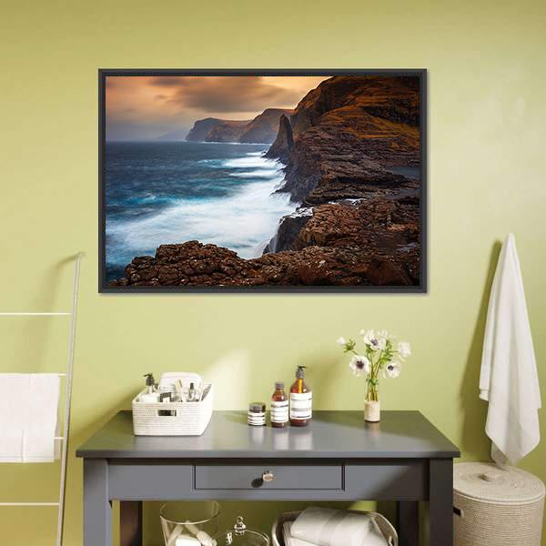 Faroe Islands Coastal Cliffs at Golden Hour Canvas Wall Art
