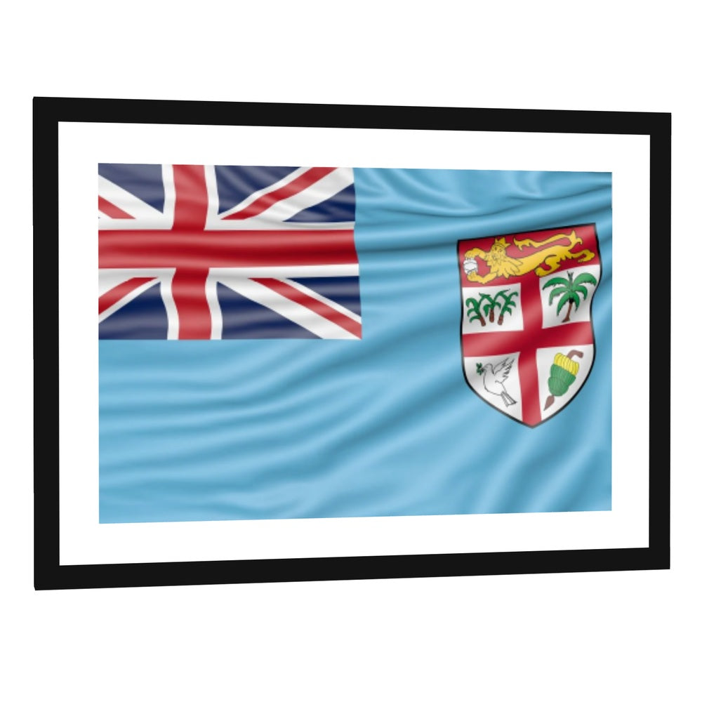 Fiji Flag with Union Jack and Coat of Arms Canvas Wall Art - single panel framed print with white mat in a black frame
