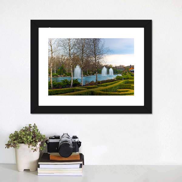 Garden Park with Three White Fountains Canvas Wall Art