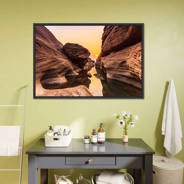 Golden Hour Canyon with Balanced Boulder Canvas Wall Art