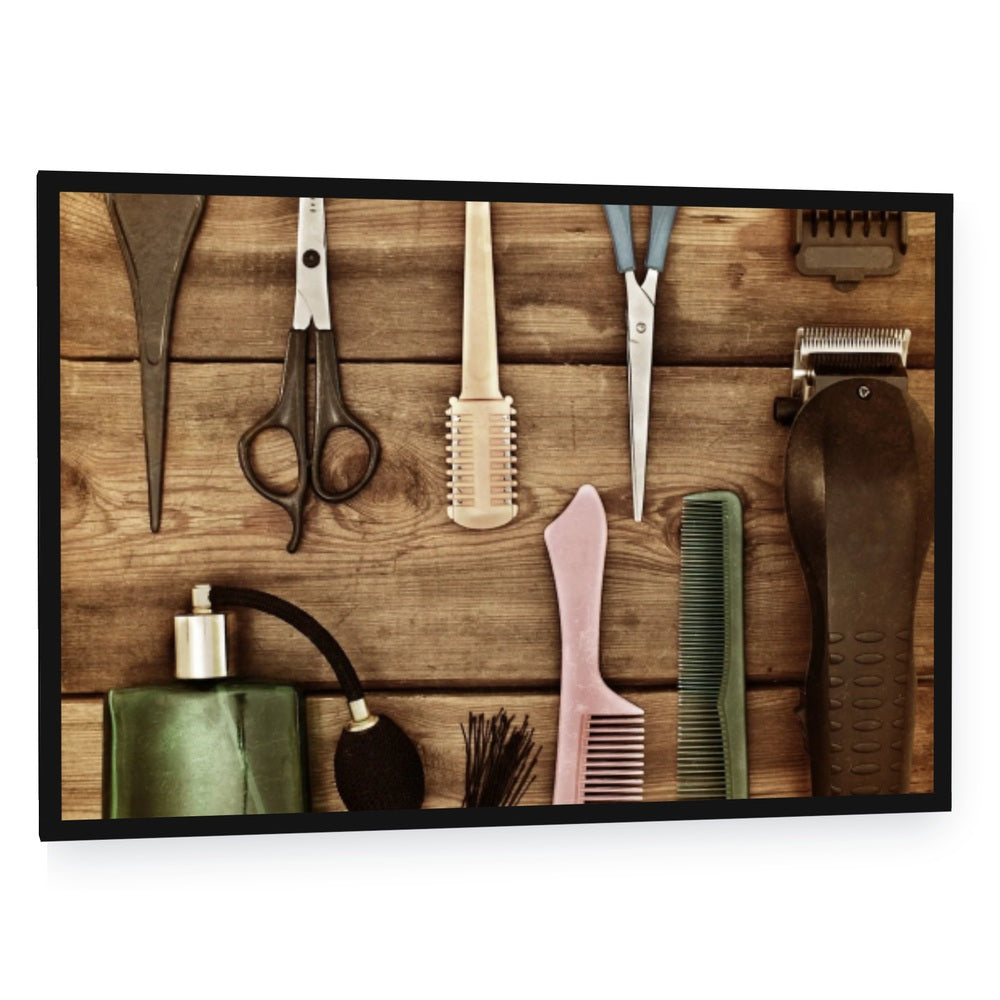Vintage Hairdressing Tools on Wood Canvas Wall Art - single panel framed canvas in a black floating frame
