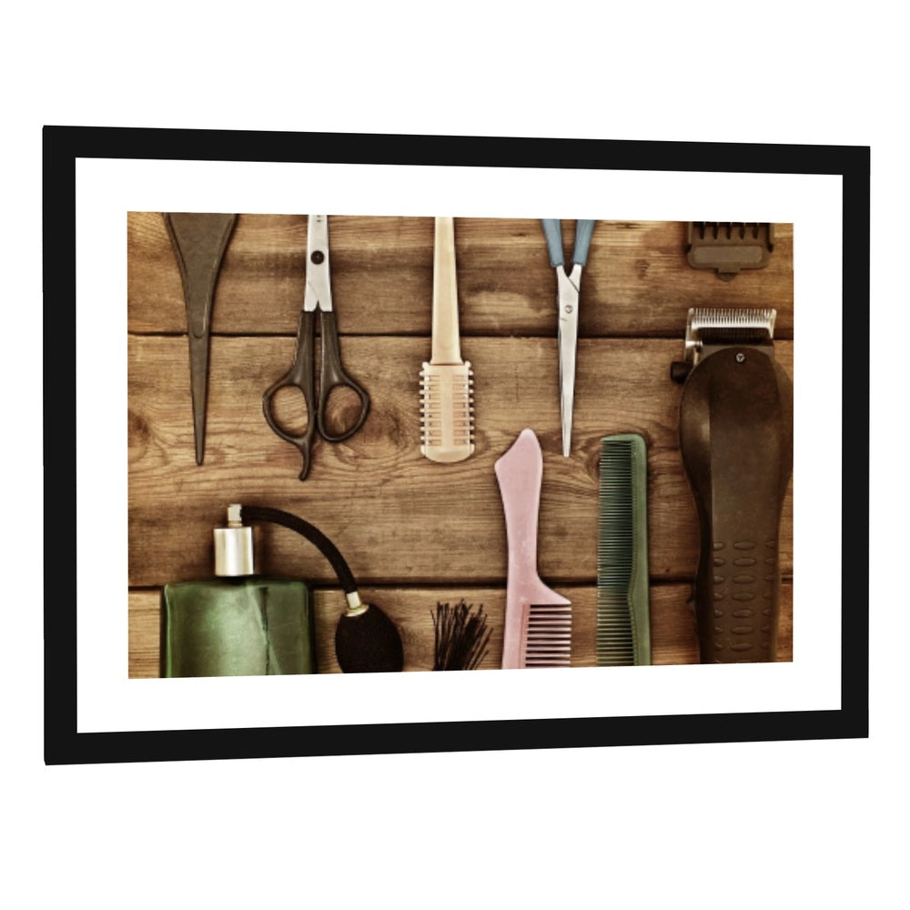 Vintage Hairdressing Tools on Wood Canvas Wall Art - single panel framed print with white mat in a black frame
