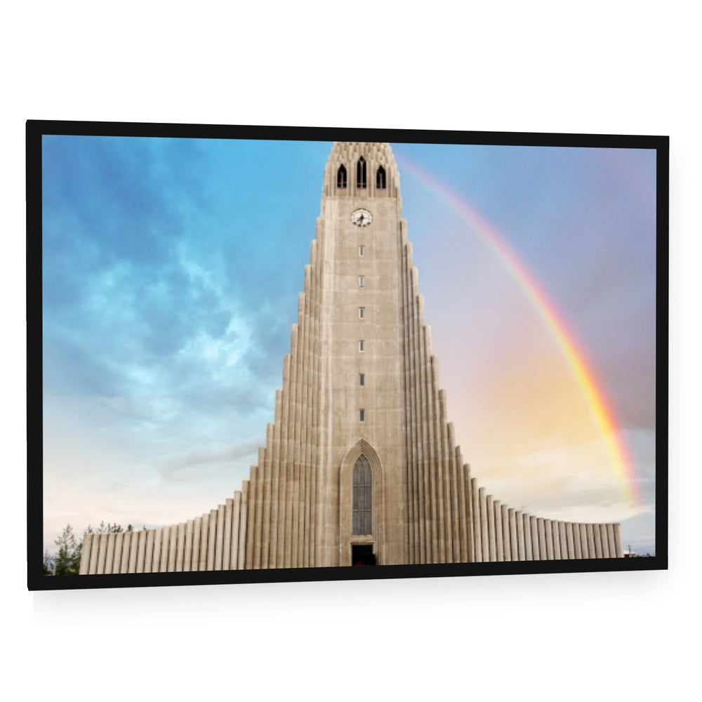 Hallgrimskirkja Cathedral with Rainbow Canvas Wall Art - single panel framed canvas in a black floating frame