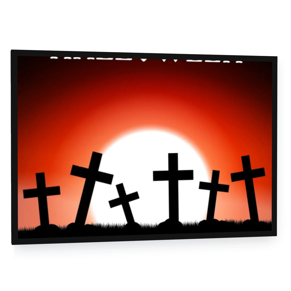 Halloween Graveyard Silhouette with Red Sky Canvas Wall Art - single panel framed canvas in a black floating frame