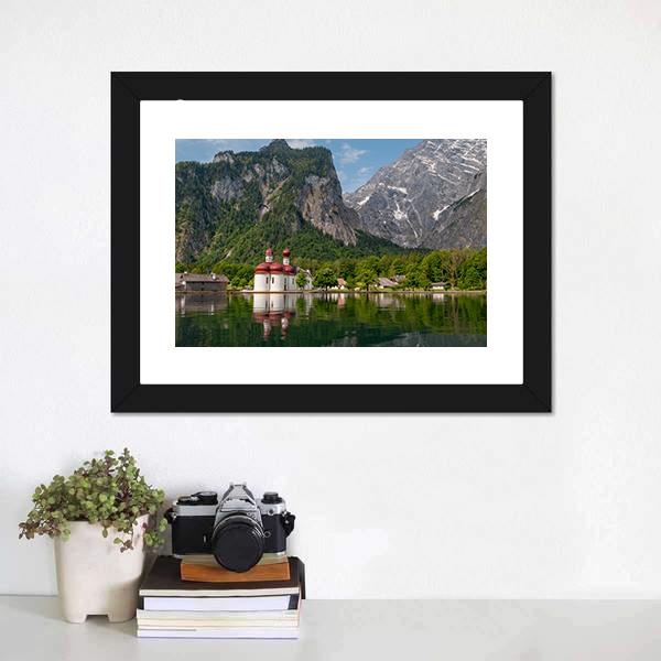 Konigssee Church and Alpine Lake Reflection Canvas Wall Art