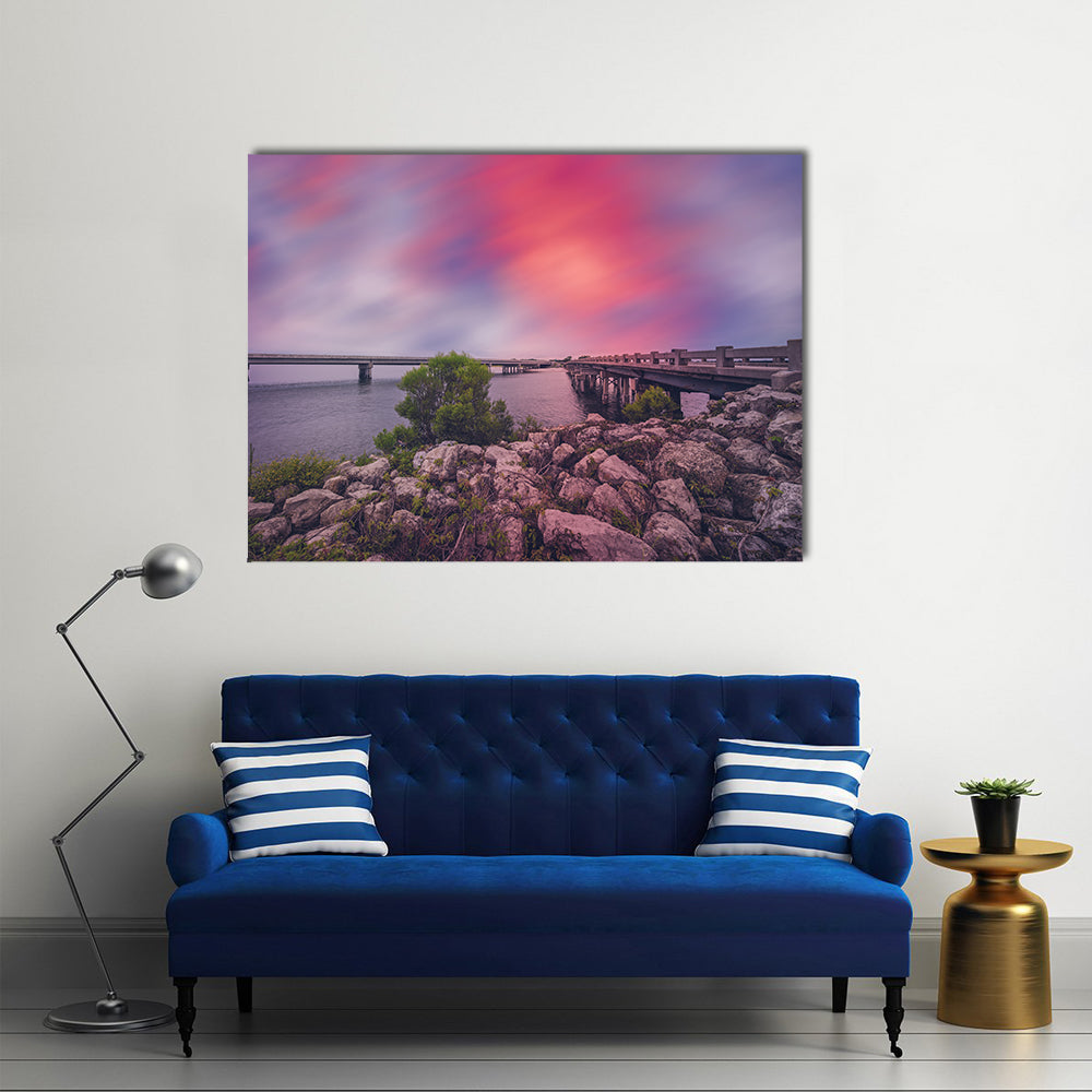 Bridges Between Amelia and Big Talbot Islands Canvas Wall Art in gray, purple and pink, single panel hung on a wall