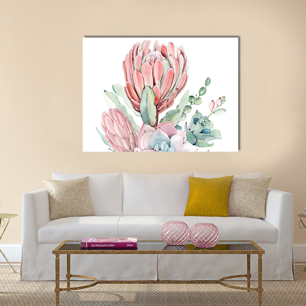 Vintage Protea and Succulents Bouquet Canvas Wall Art in white, green and pink, single panel hung on a wall
