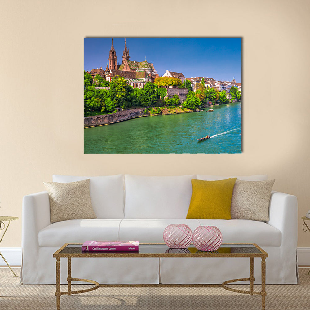 Old City Center Of Basel With Munster Cathedral Switzerland Canvas Wall Art in brown, green and blue, single panel hung on a wall