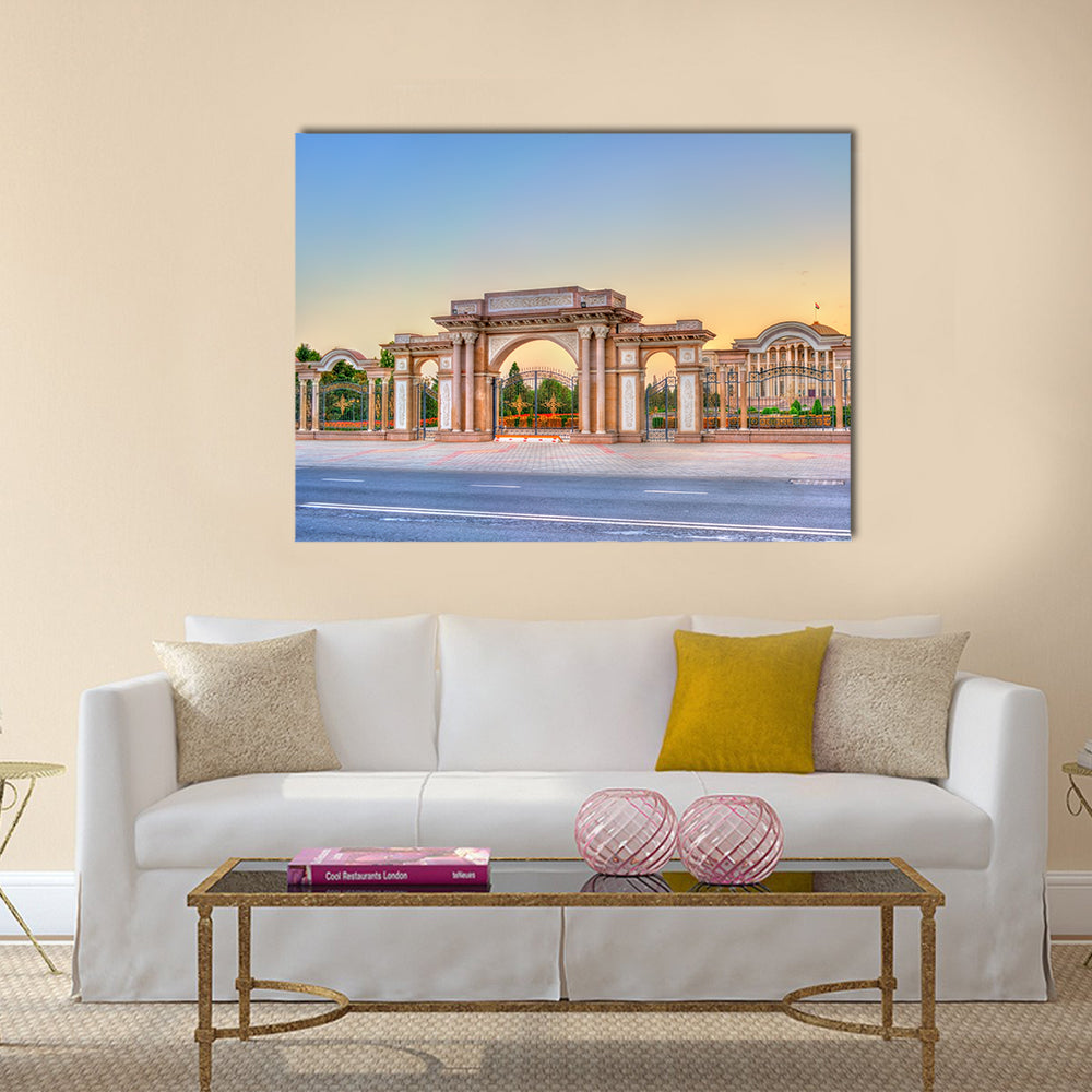 President Palace Of Nation Tajikistan Canvas Wall Art in beige, orange and blue, single panel hung on a wall