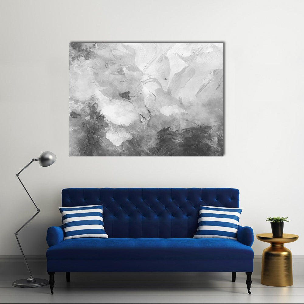 Monochrome Wide Brushstrokes Canvas Wall Art in black, white and gray, single panel hung on a wall