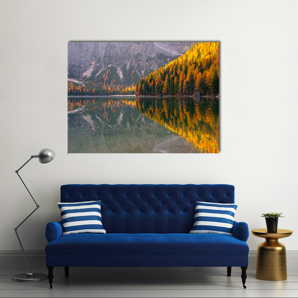 Braies Lake in Autumn Canvas Wall Art in gray, yellow and green, single panel hung on a wall