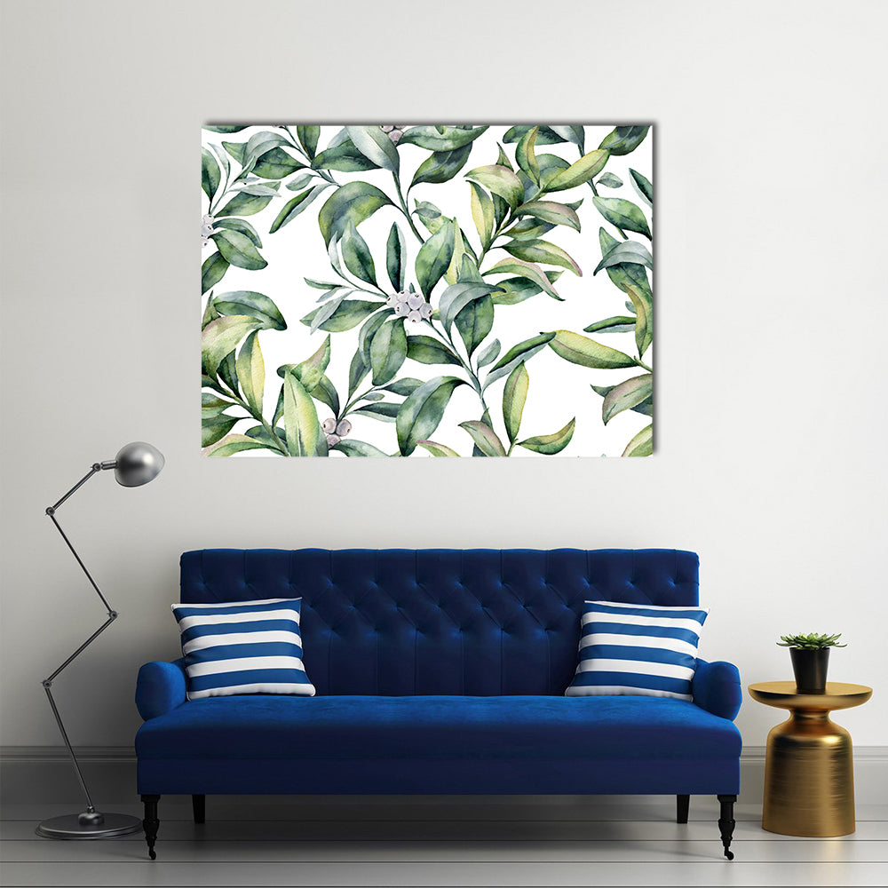 Watercolor Leafy Floral Pattern Canvas Wall Art in white and green, single panel hung on a wall
