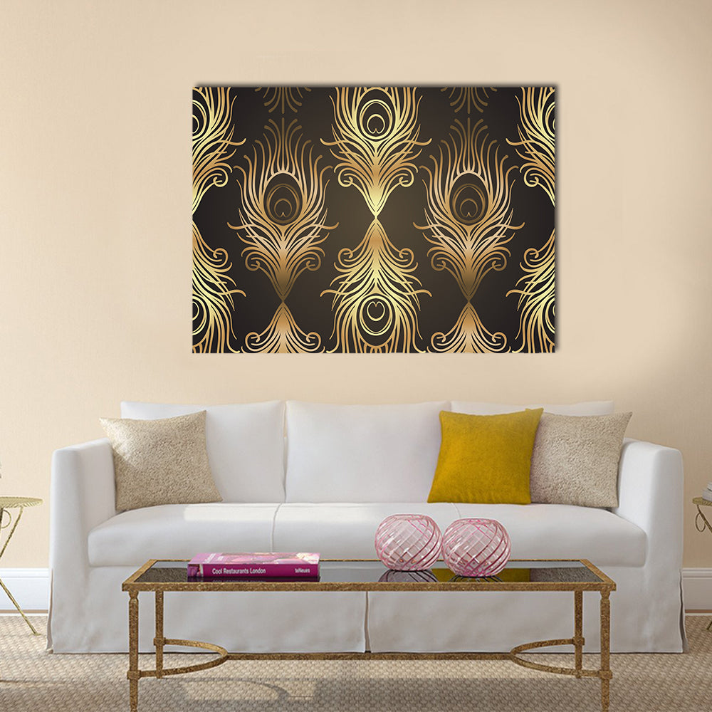 Gold and Black Peacock Feather Mandala Canvas Wall Art in black and gold, single panel hung on a wall