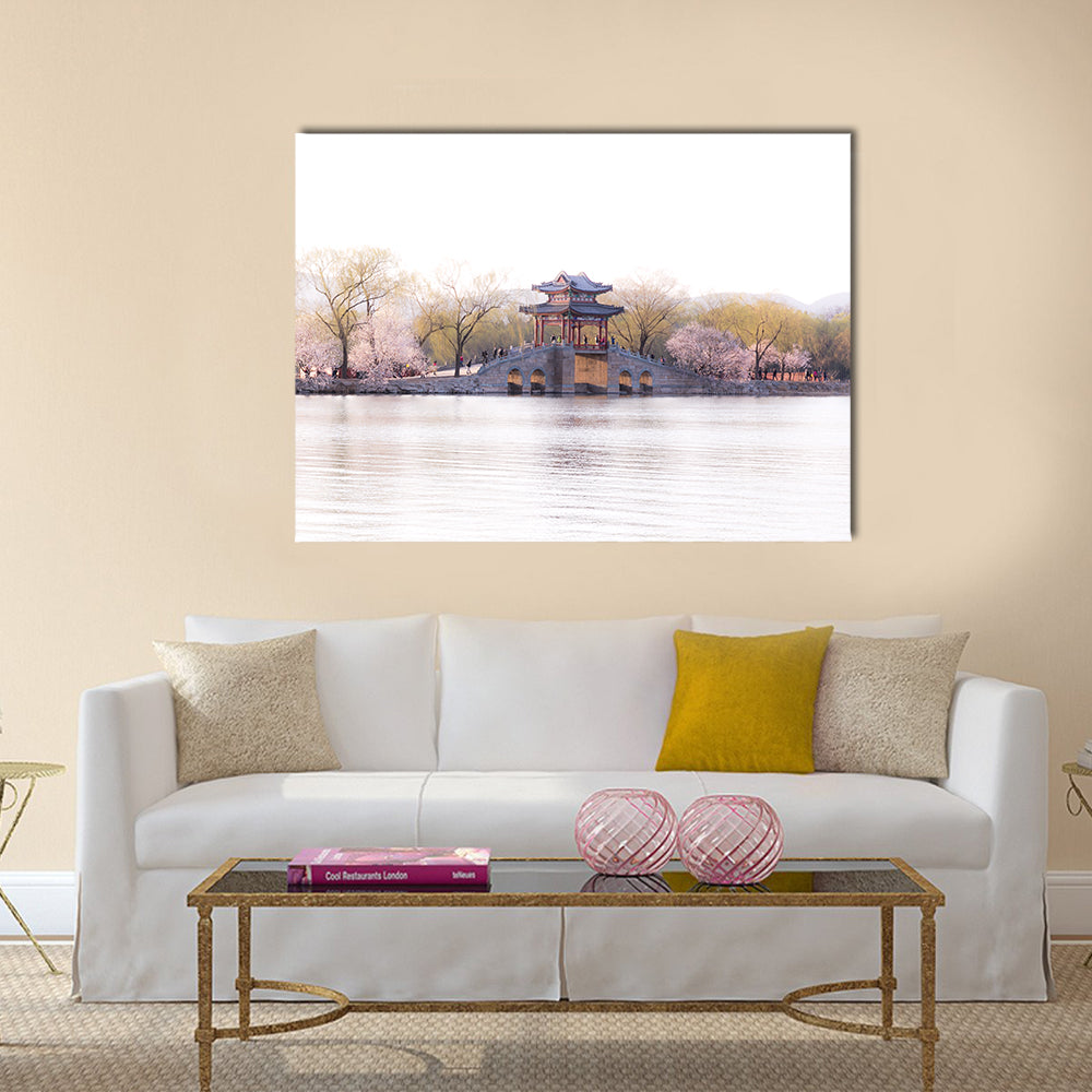 Beijing Palace with Cherry Blossoms Canvas Wall Art in white, beige and pink, single panel hung on a wall