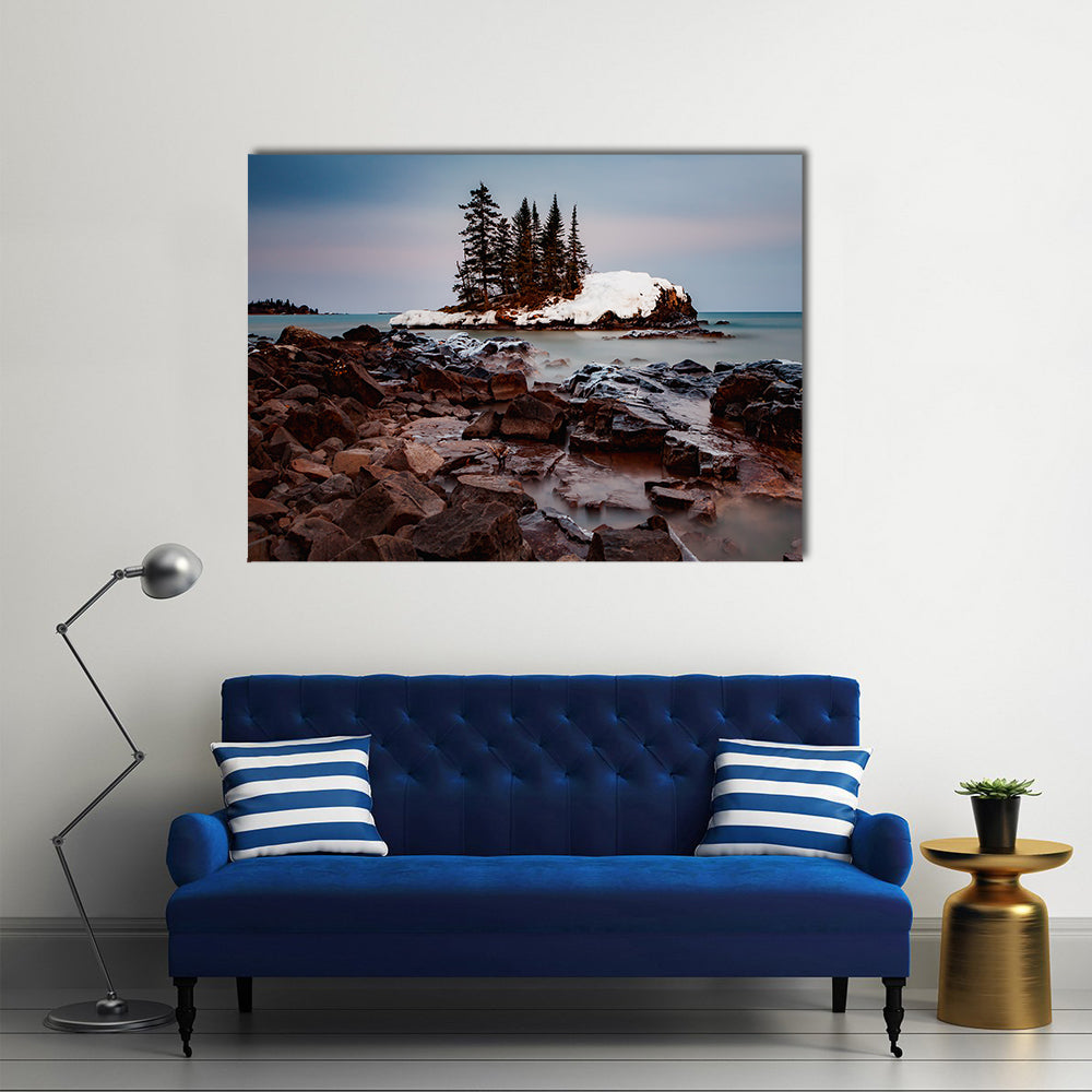 Lake Superior in Minnesota Canvas Wall Art in white, brown and blue, single panel hung on a wall