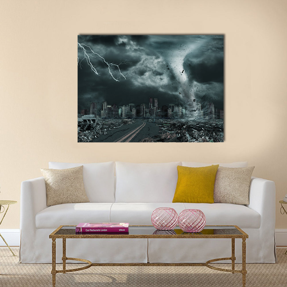 Tornado Over Ruined City Skyline Canvas Wall Art in black and gray, single panel hung on a wall