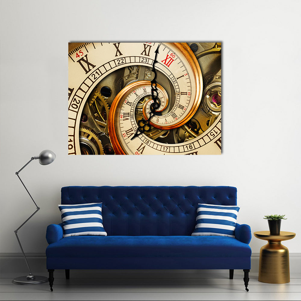 Antique Old Clock Canvas Wall Art in beige, brown and gold, single panel hung on a wall