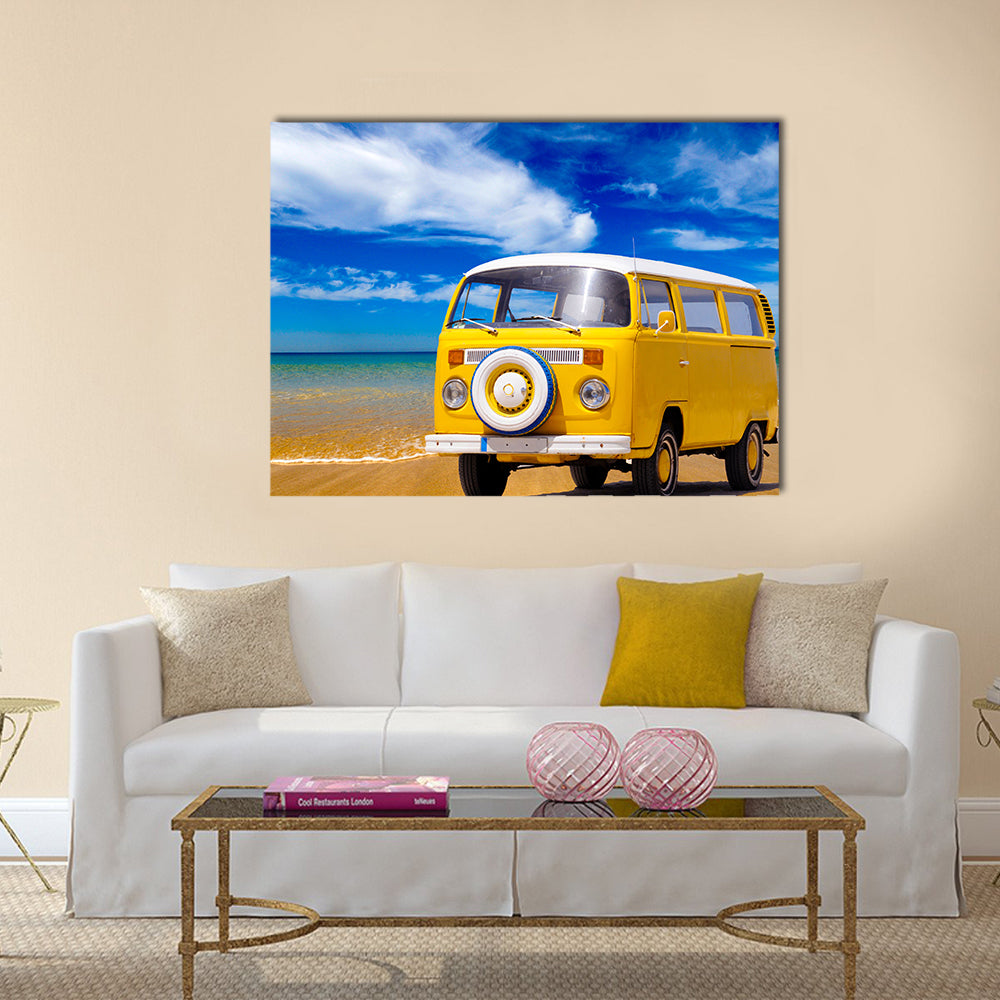 Yellow Vintage Van on Sandy Beach Canvas Wall Art in beige, yellow and blue, single panel hung on a wall