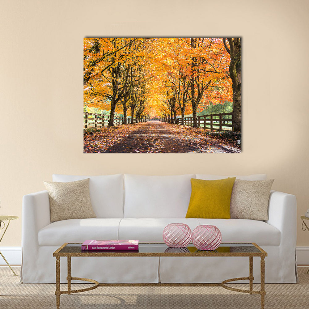 Autumn Tree Tunnel with Golden Leaves Canvas Wall Art