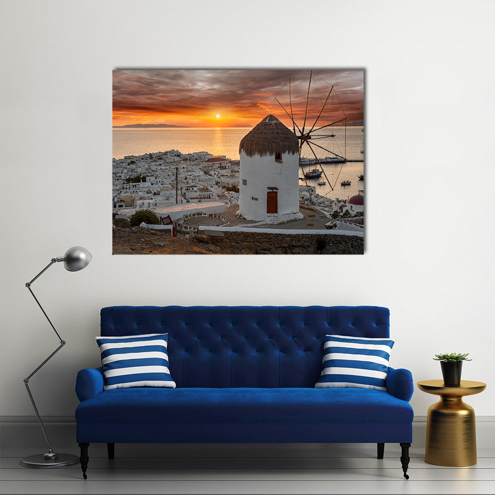 Mykonos Sunset with White Windmill Canvas Wall Art in white, gray and orange, single panel hung on a wall