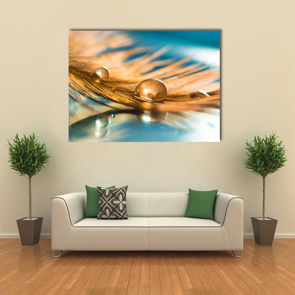Golden Feather Of A Bird Abstract Canvas Wall Art in brown, gold and blue, single panel hung on a wall