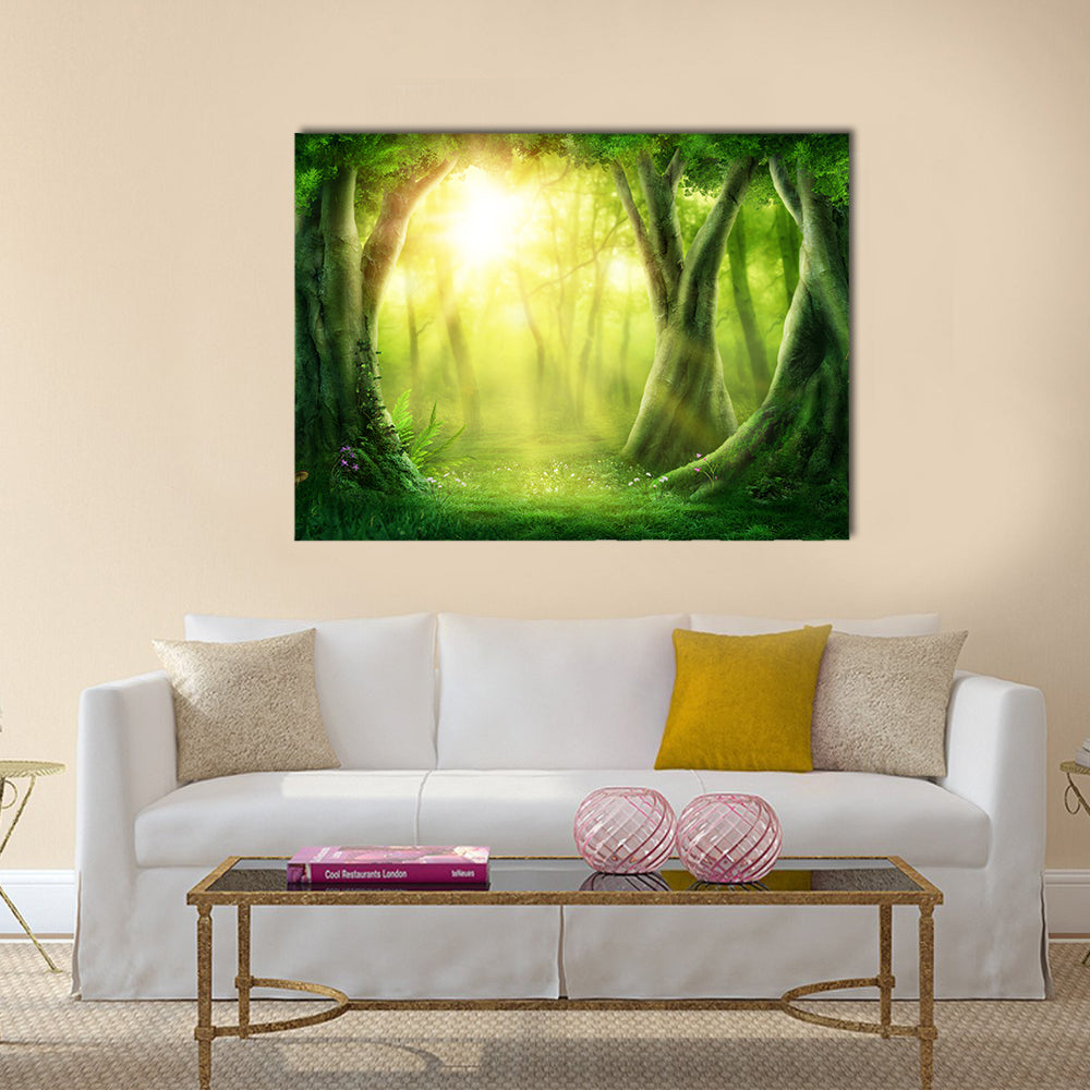 Dark Magic Forest With Sunshine Canvas Wall Art in yellow and green, single panel hung on a wall