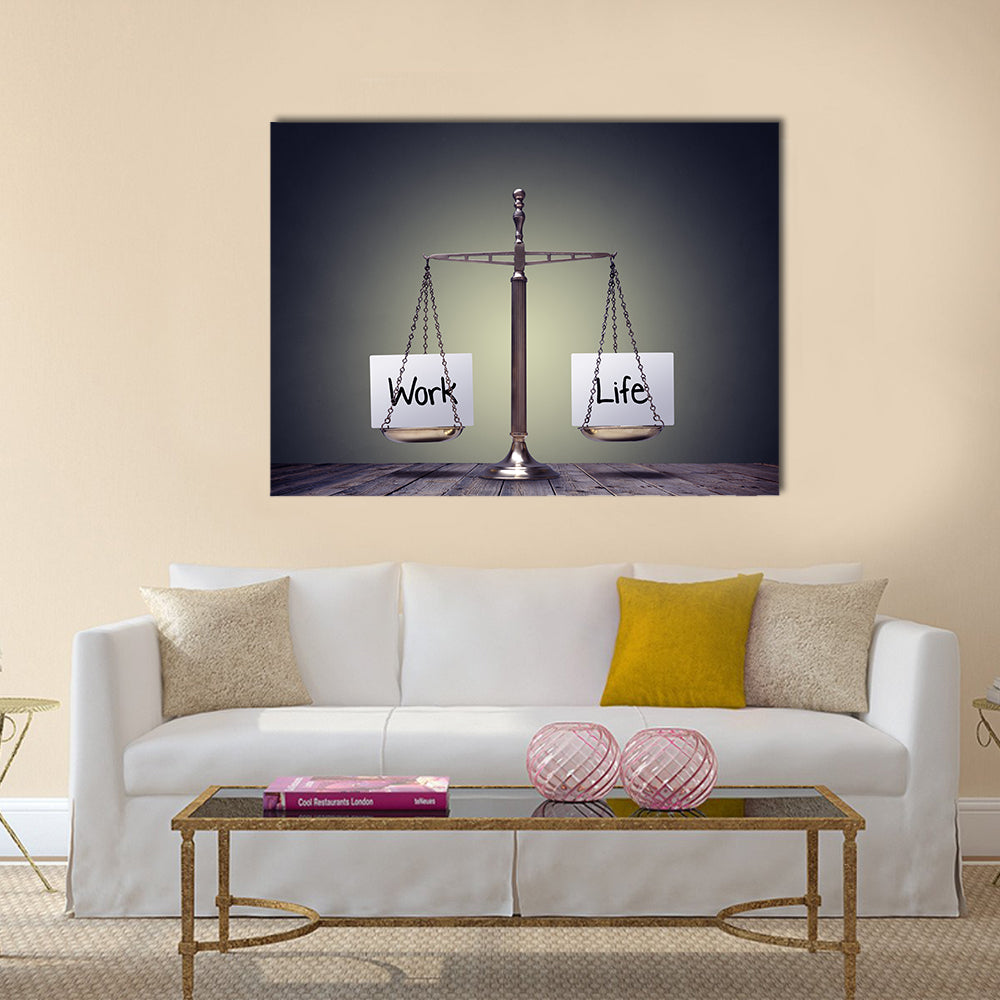 Work and Life Balance Scale Canvas Wall Art in black and gray, single panel hung on a wall