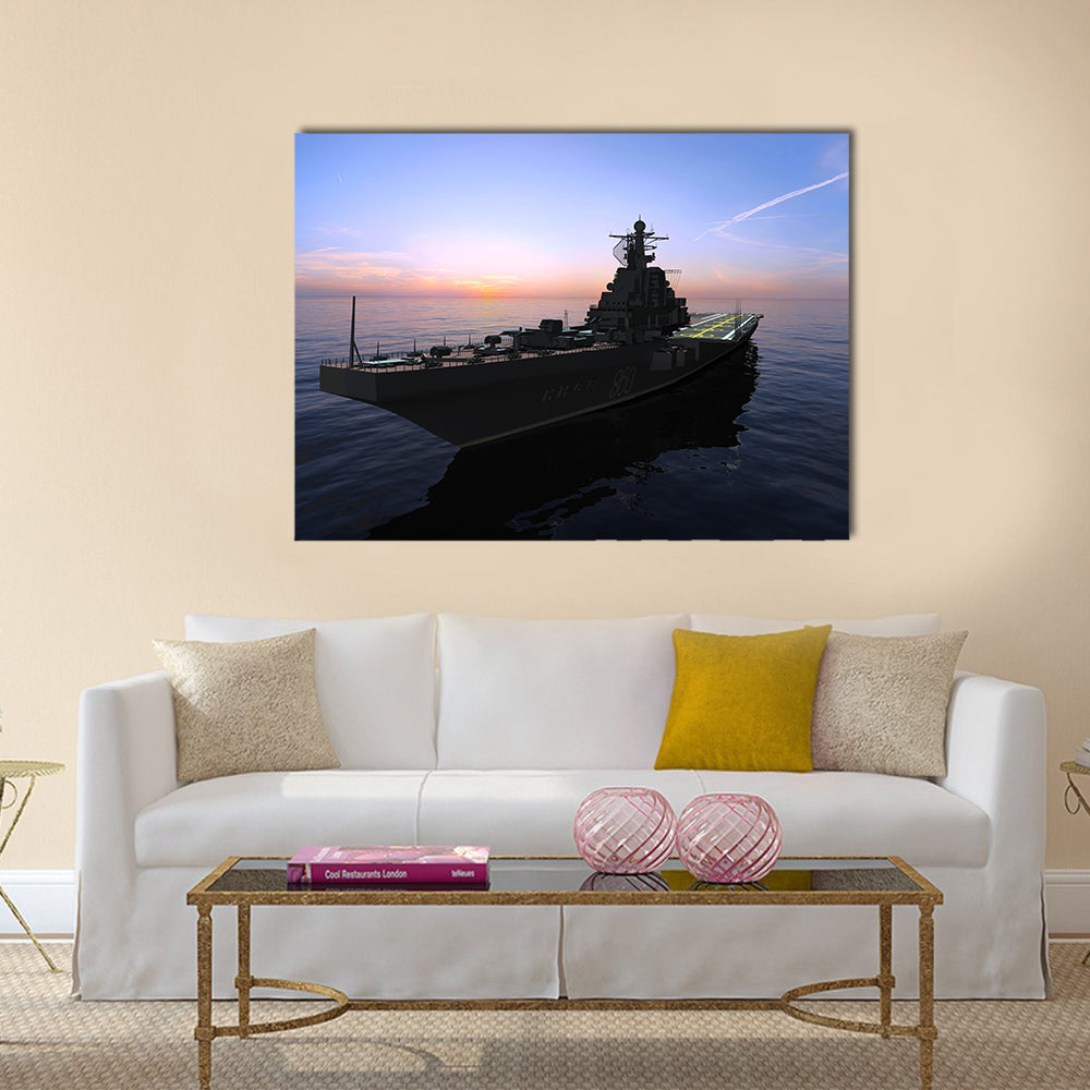 Naval Warship at Sunset Canvas Wall Art in black, orange and blue, single panel hung on a wall