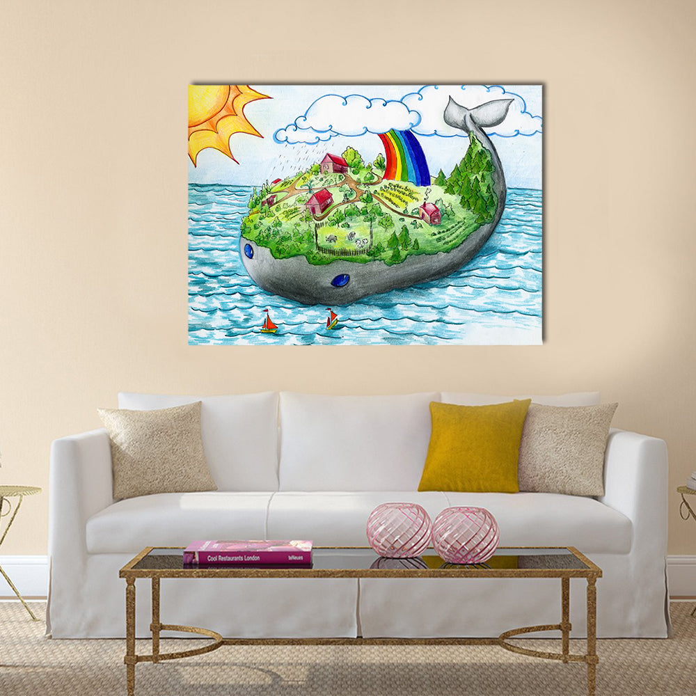 Fairy Tale Whale Island Canvas Wall Art in green, blue and multicolor, single panel hung on a wall