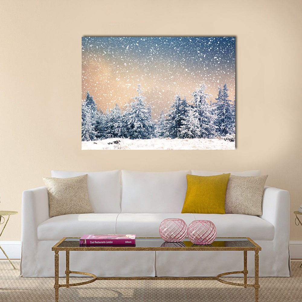 Snowy Fir Trees In The Mountains Canvas Wall Art in white, beige and blue, single panel hung on a wall