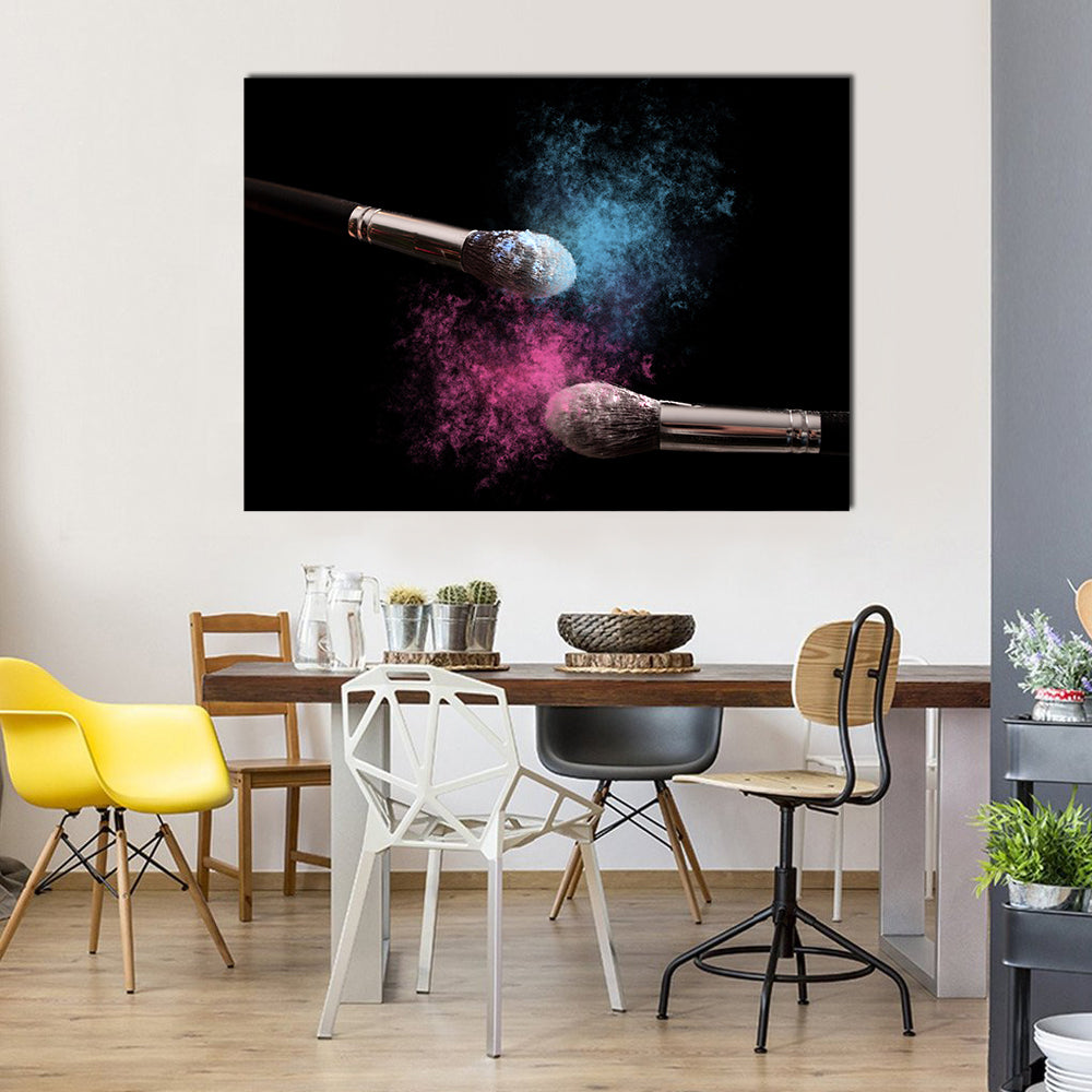 Two Makeup Brushes Powder Explosion Canvas Wall Art in black, blue and pink, single panel hung on a wall