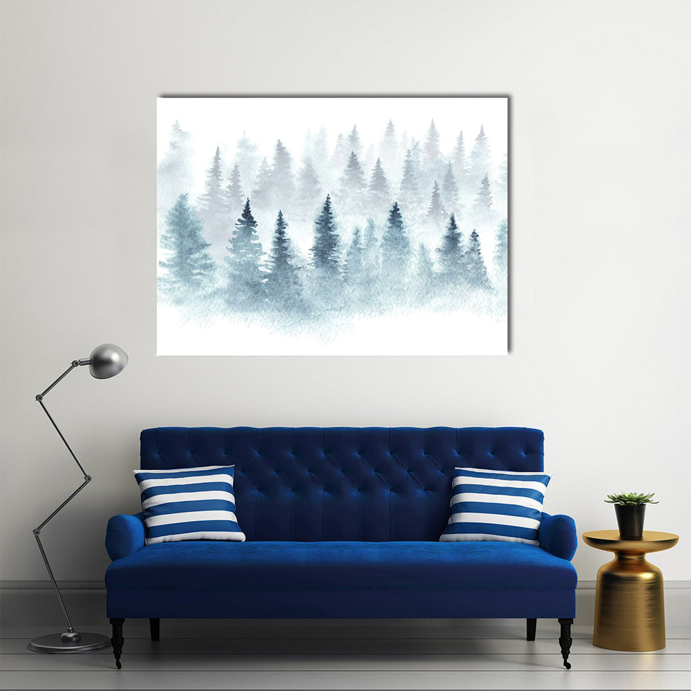 Winter Forest in Fog Canvas Wall Art in white, gray and blue, single panel hung on a wall