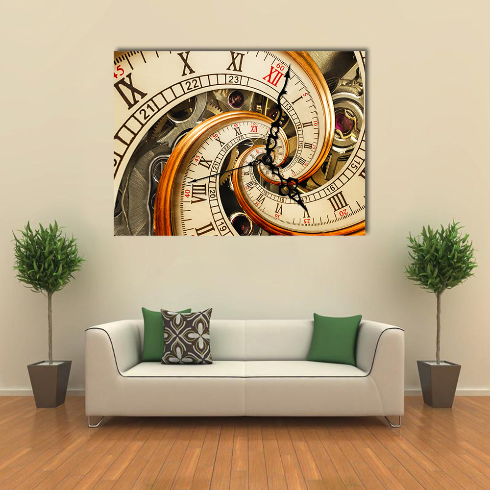 Surreal Antique Old Clock Abstract Canvas Wall Art in beige, brown and gold, single panel hung on a wall