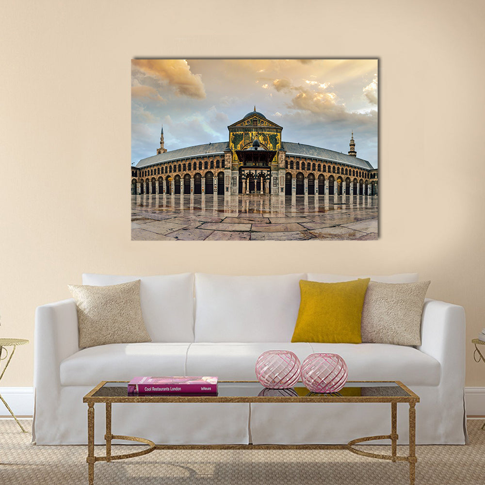 Great Umayyad Mosque Of Damascus Syria Canvas Wall Art in gray, beige and gold, single panel hung on a wall