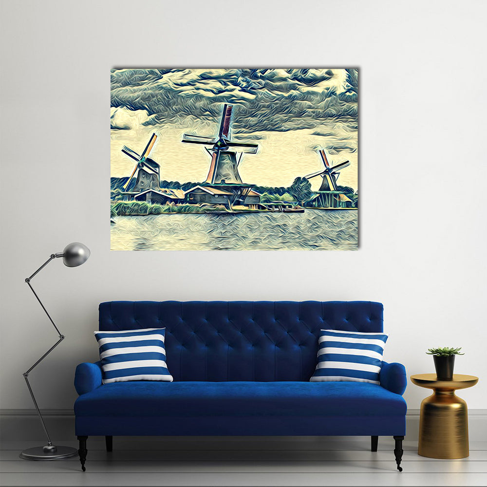 Vintage Dutch Windmills Landscape Canvas Wall Art