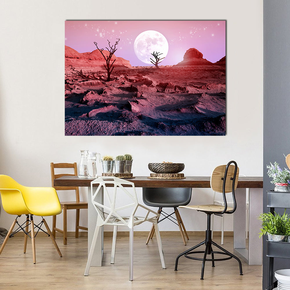 Lonely Dry Trees in Desert Canvas Wall Art in red, purple and pink, single panel hung on a wall