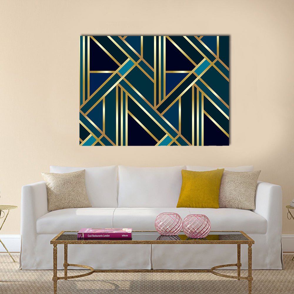 Golden Geometric Pattern Canvas Wall Art in gold, blue and navy, single panel hung on a wall