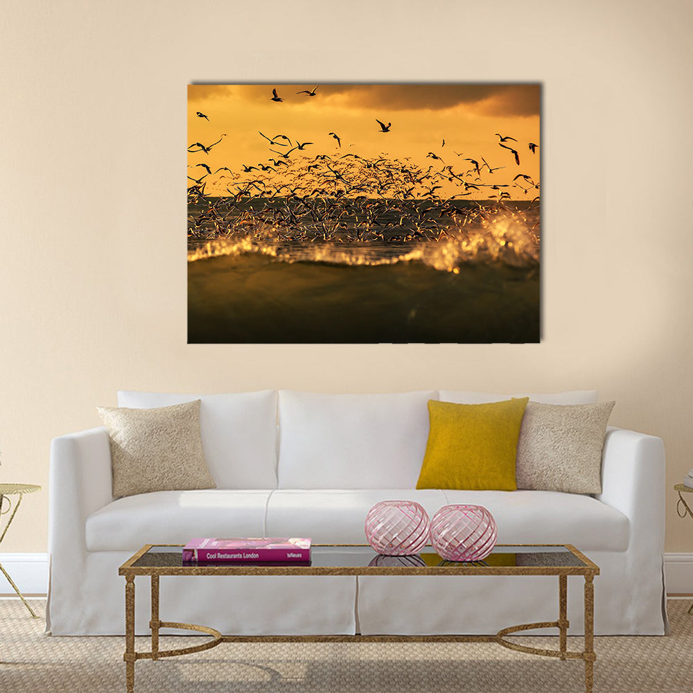 Seagulls Hovering Over Stormy Sea Canvas Wall Art