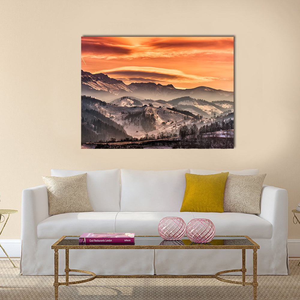 Mountain Landscape Pestera In Romania Canvas Wall Art in white, gray and orange, single panel hung on a wall