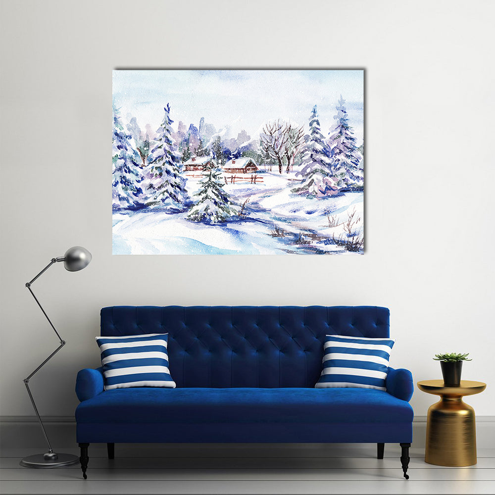 Scenic Winter Village Landscape Canvas Wall Art