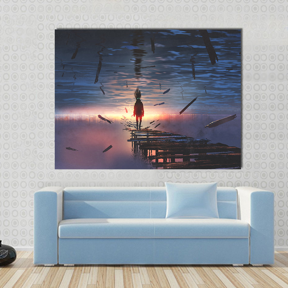 Hooded Figure on Broken Bridge Canvas Wall Art