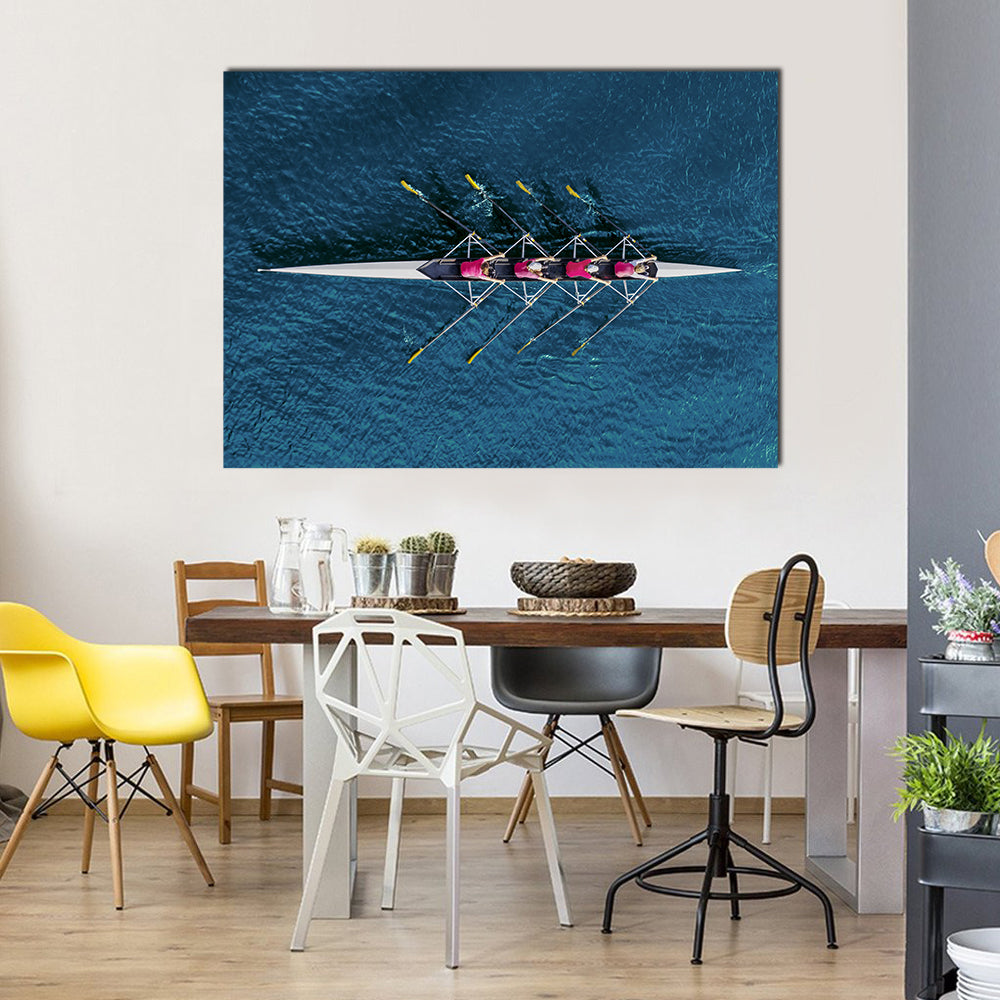 Women`s Rowing Team On Blue Water Canvas Wall Art