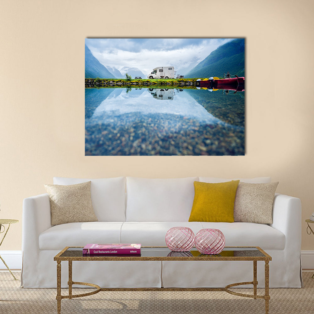 Motorhome by Mountain Lake, Norway Canvas Wall Art in white, green and blue, single panel hung on a wall