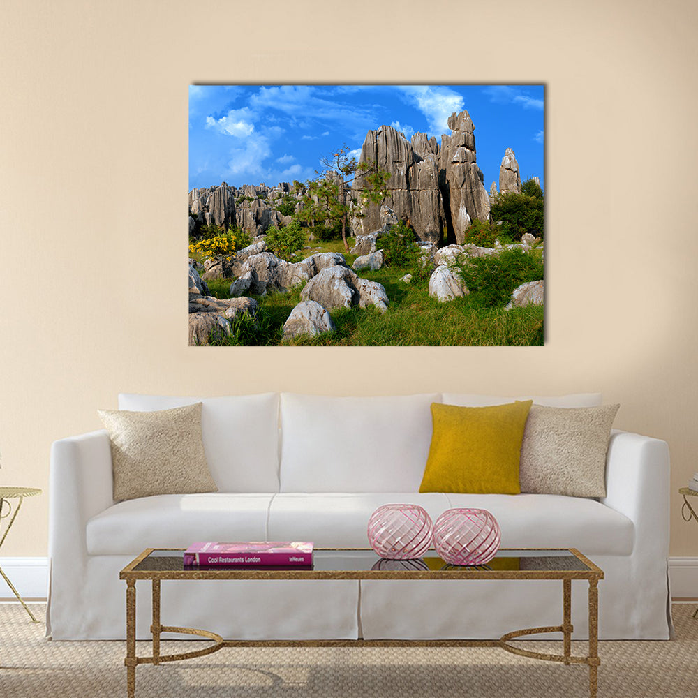 Stone Forest In Yunnan China Canvas Wall Art in gray, green and blue, single panel hung on a wall