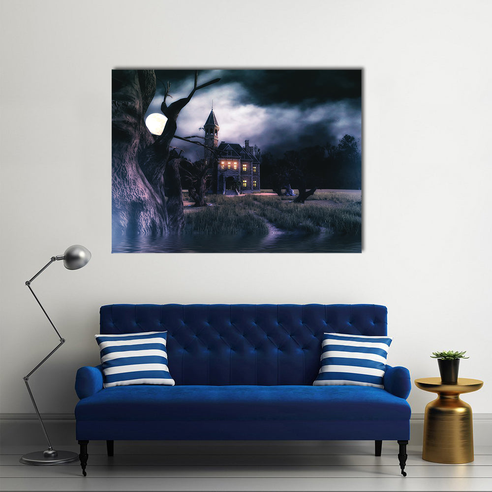 Moonlit Haunted Victorian Mansion Canvas Wall Art in black, blue and purple, single panel hung on a wall