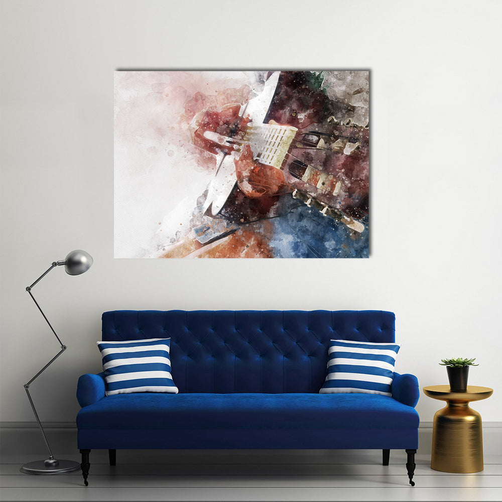 Watercolor Guitar Close-up Canvas Wall Art in white, brown and multicolor, single panel hung on a wall